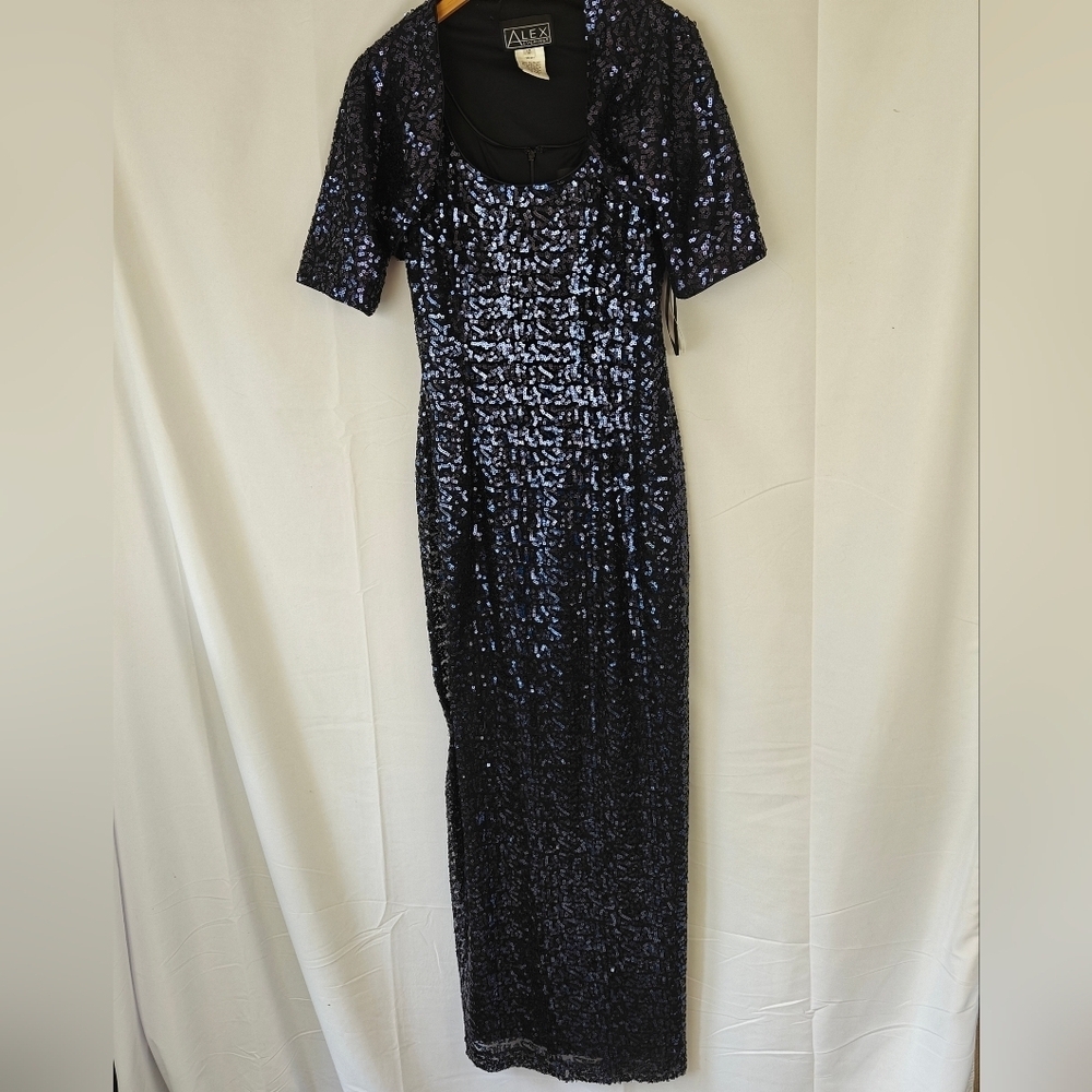 Alex Evenings NWT 2 Piece Garment Maxi Dress Black Navy Sequin Size 10 Women's